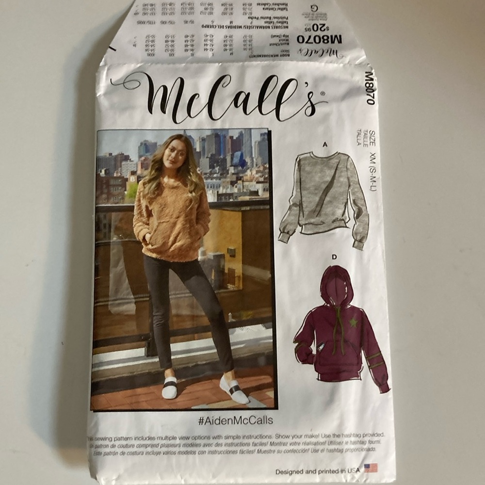 McCall's M8070 Pattern sweatshirt hoodie S M L
